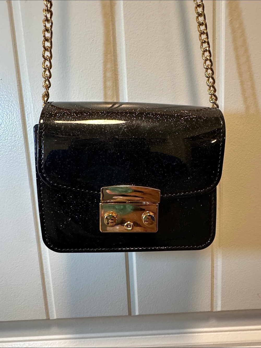 Black Glitter Patent Crossbody Bag with Gold Chain